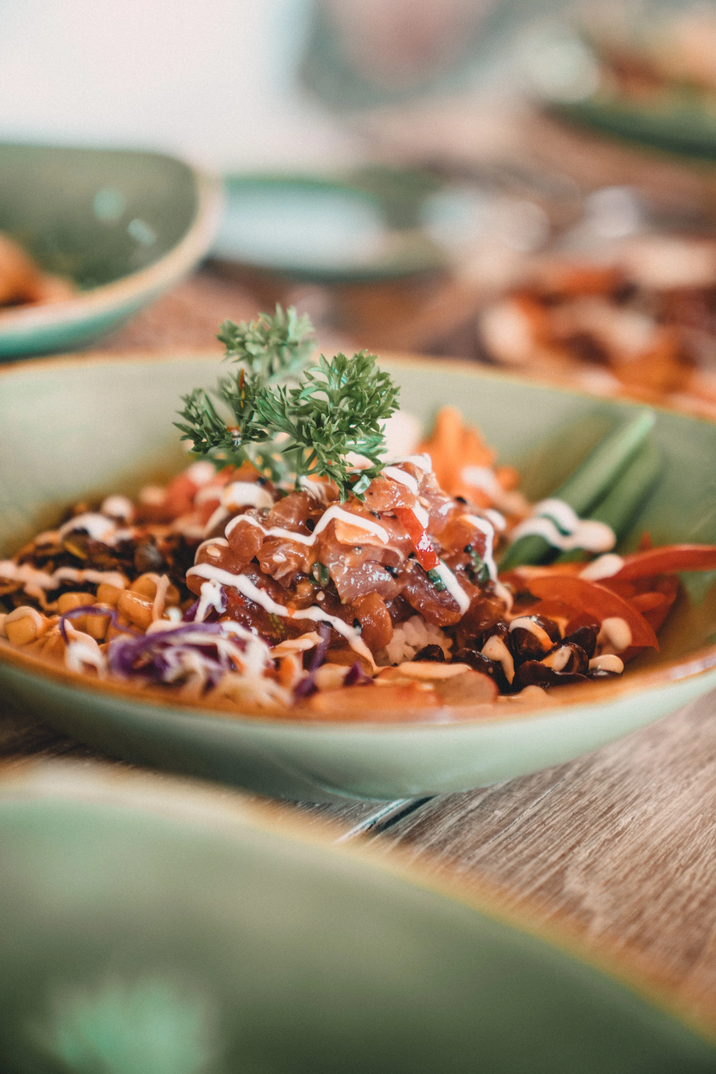 A bowl of Asian-inspired food topped with parsley, featuring rice, vegetables, savory sauce, and shredded purple cabbage.