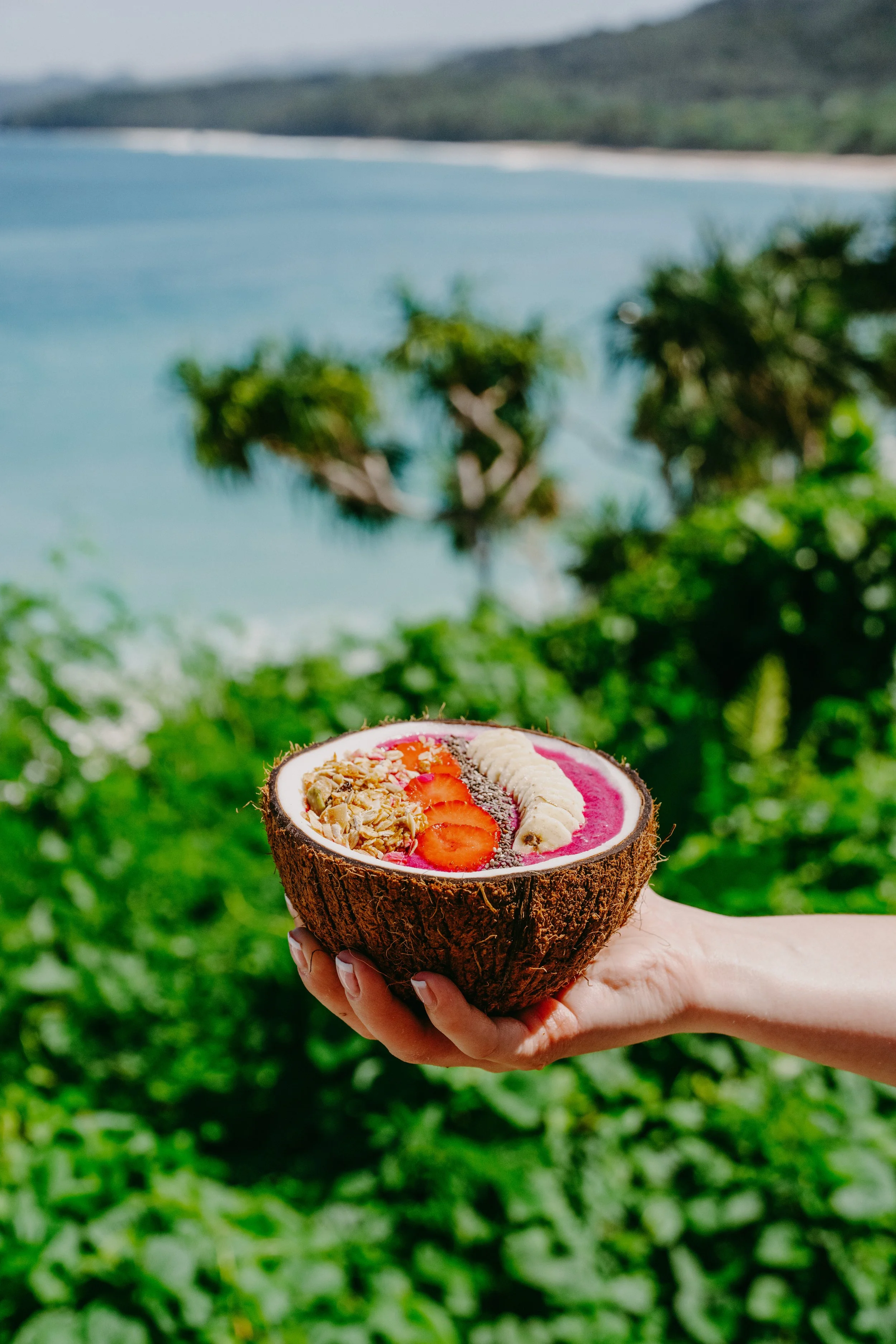A hand holding a coconut bowl filled with smoothie and topped with strawberries, granola, banana slices, and seeds. A scenic ocean view with trees and hills is in the background.