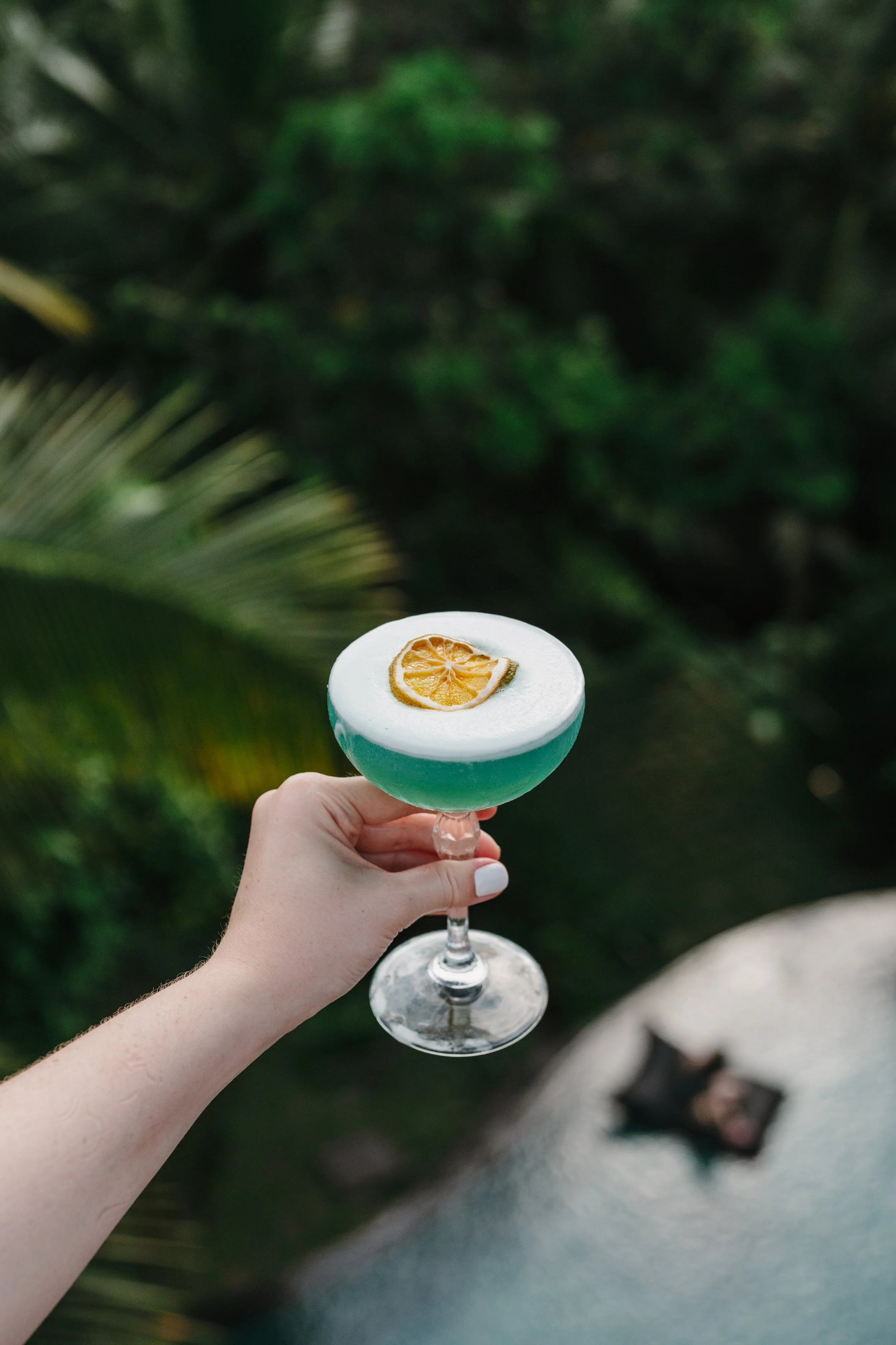 A hand holding a blue cocktail in a coupe glass with a white foam top and a dried citrus slice garnish, set against a lush green outdoor background.