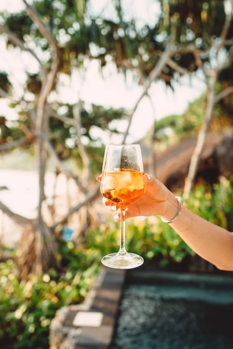 Hand holding a wine glass with orange-colored drink and ice cubes outdoors with trees and greenery in the background