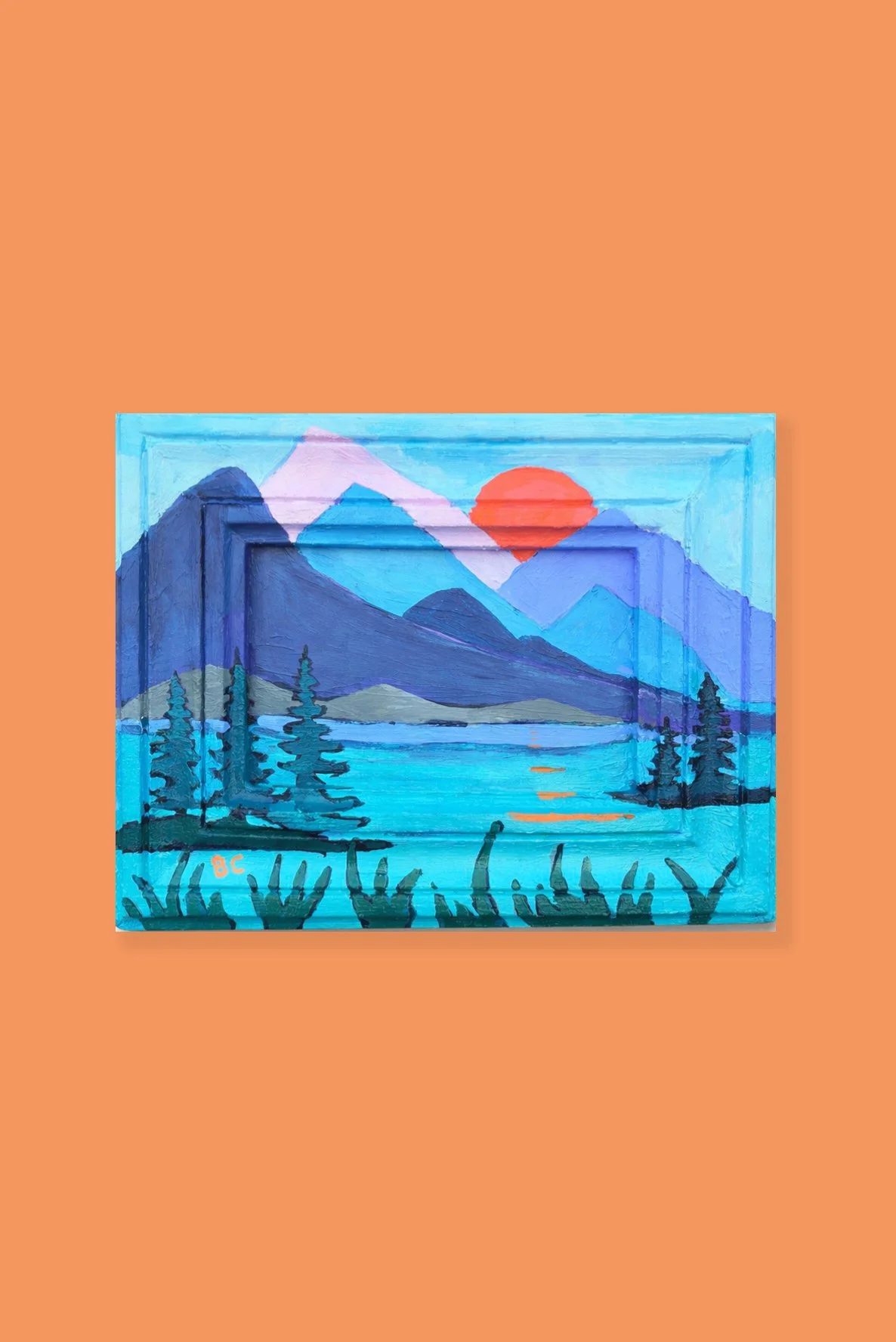 Mountains and Orange sun - original Painting - sm