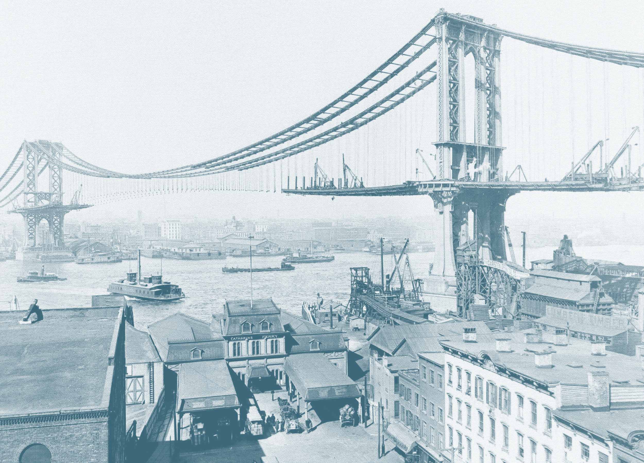 A black and white illustration of New York City showing the Brooklyn Bridge over the East River with boats in the water and buildings along the waterfront in the foreground.