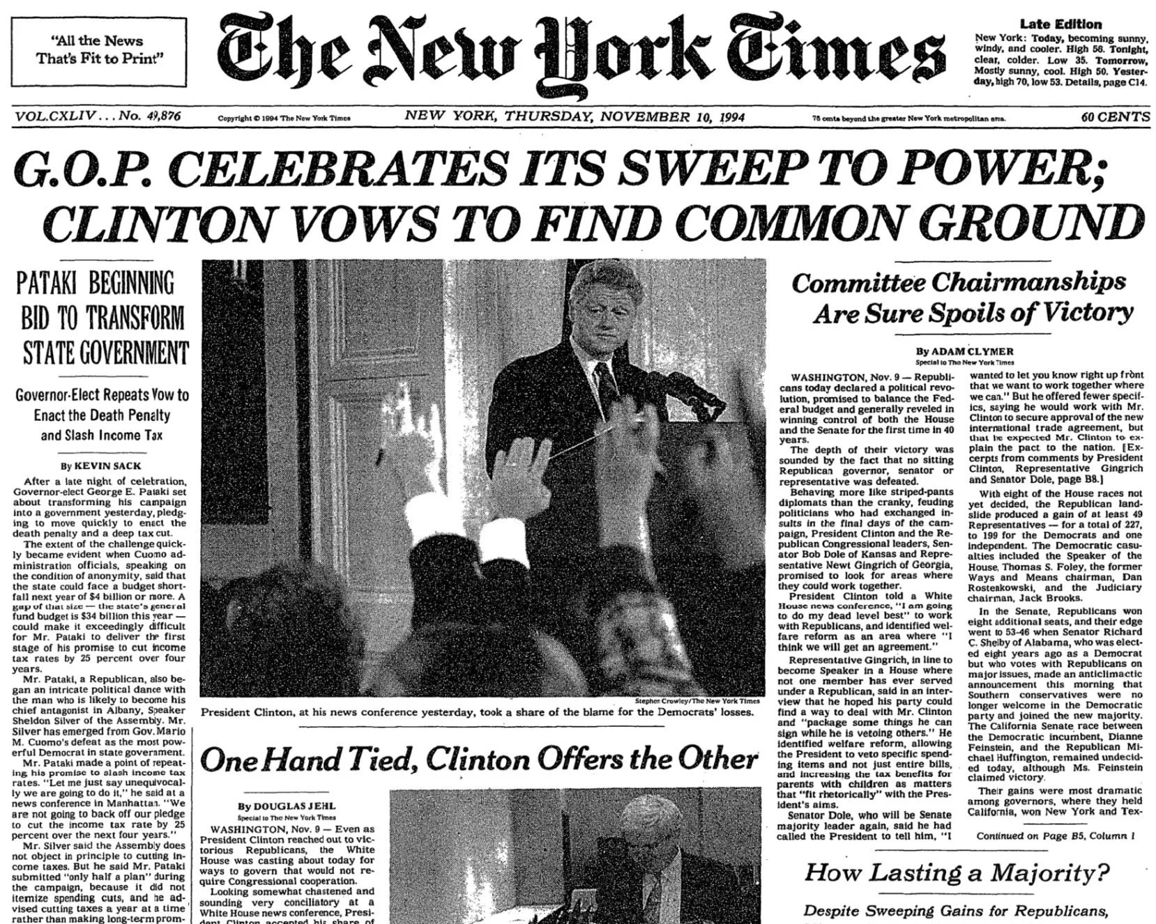 Front page of The New York Times newspaper from November 10, 1994, with headlines about the Republican sweep to power, Hillary Clinton at a news conference, and other political stories.