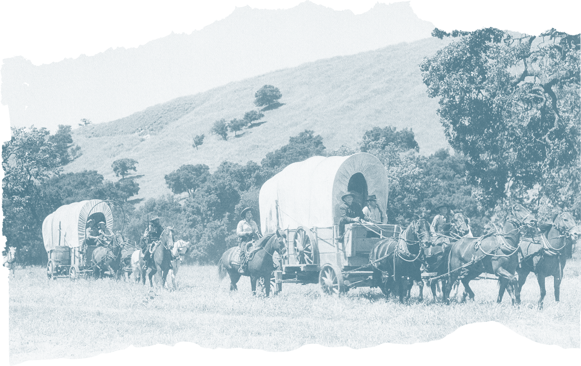 Historical scene with covered wagons, cowboys on horseback, and a landscape with rolling hills and trees.