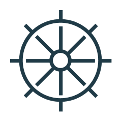 A navy blue ship's steering wheel with eight spokes.