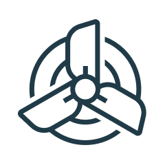 Line drawing of a fan with three blades within a circular frame