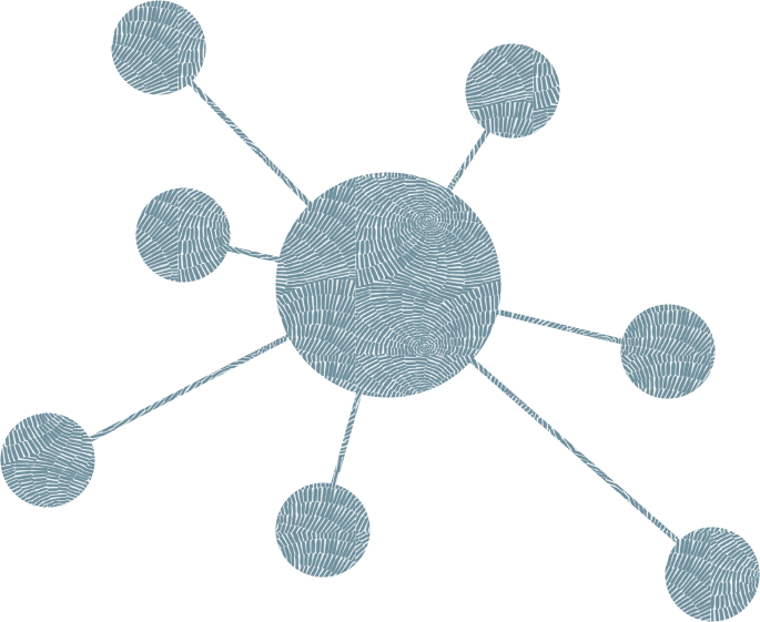 Diagram of a central circle connected to six outer circles by lines, illustrating a network or relationship.