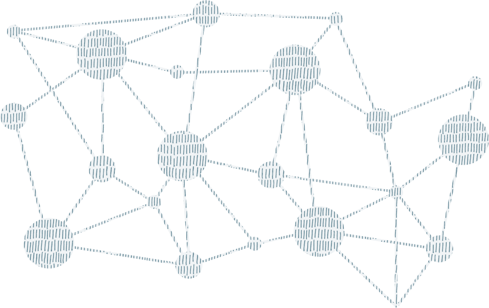 Abstract illustration of interconnected nodes and lines representing a network or molecular structure, with light blue circles connected by dashed lines on a black background.