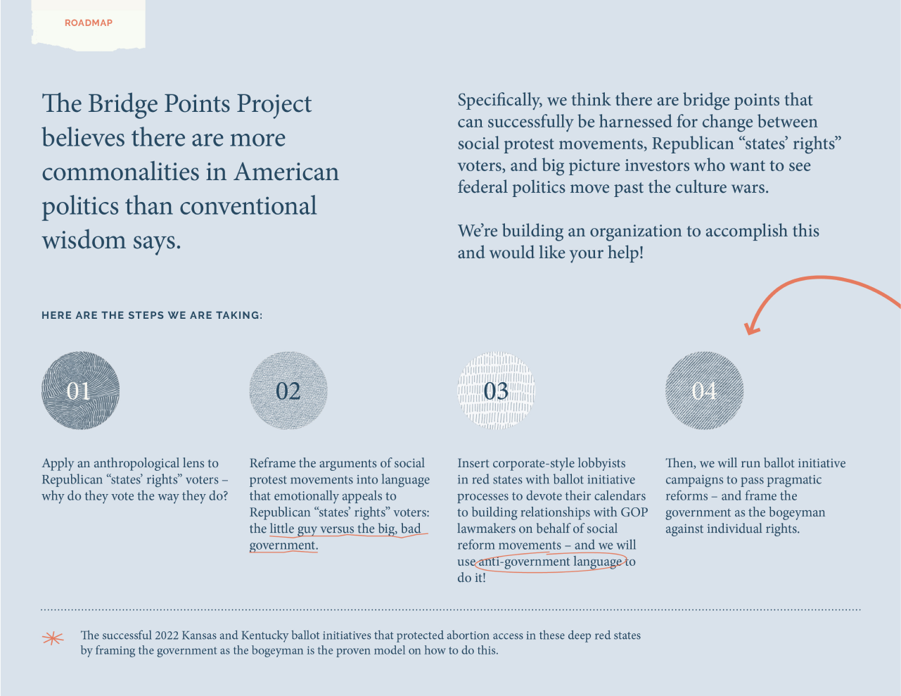 A webpage titled 'The Bridge Points Project' with a step-by-step plan for social activism. The page features four circular icons numbered 01 to 04, each with a brief description of actions to promote change, and a small red map of Kansas and Kentucky