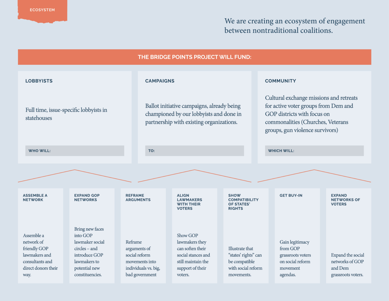 Infographic titled 'Ecosystem' showing a plan for creating engagement coalitions, with sections on lobbyists, campaigns, and community efforts, including strategies like network expansion, social reform, and voter engagement.