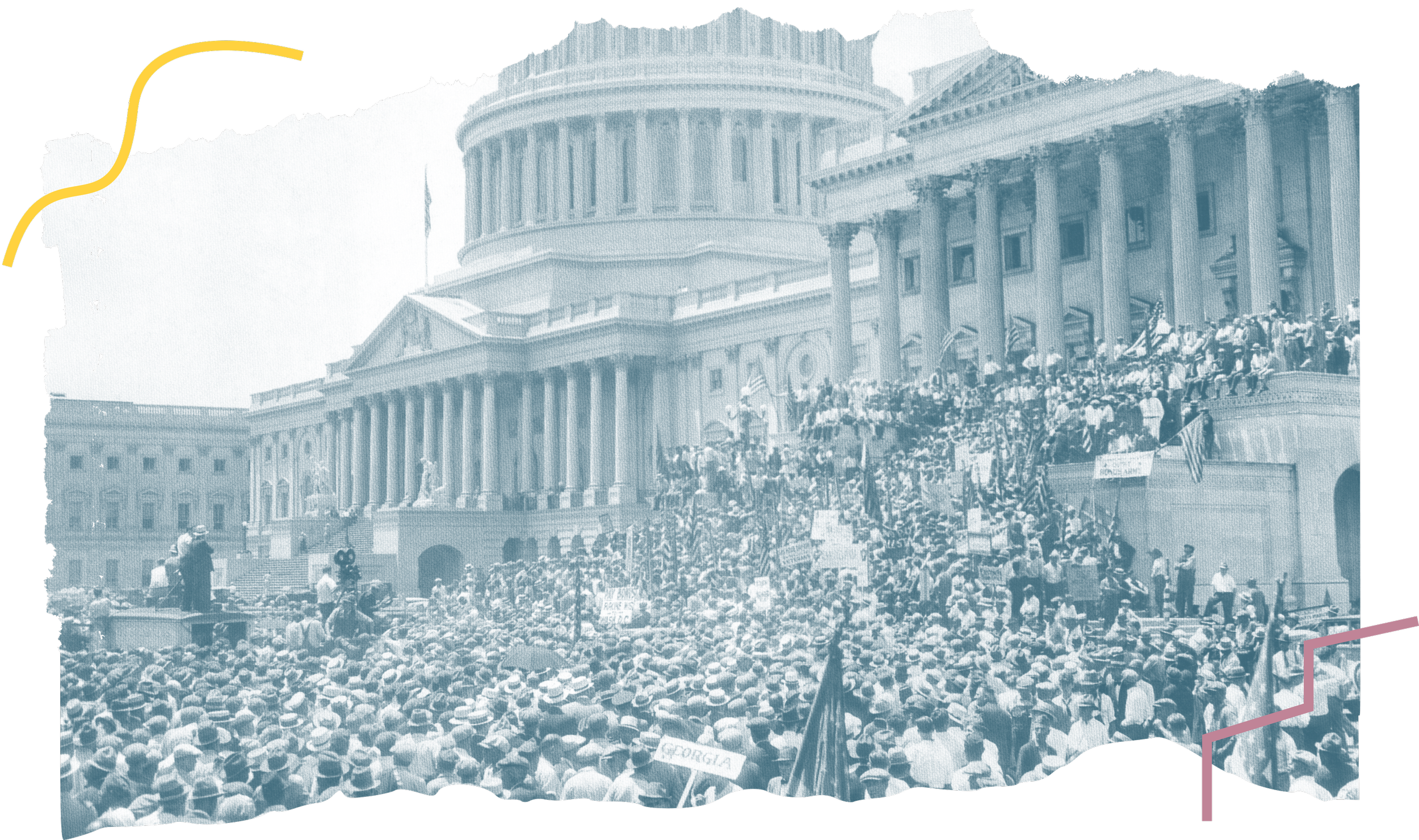 A historical black and white photo of a large crowd protesting outside the U.S. Capitol building with stairs filled with people and signs.