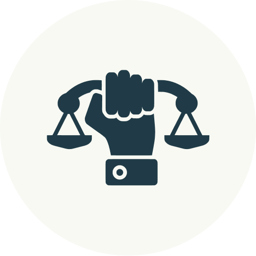 Icon of a raised fist holding a scales of justice, representing fairness and legal justice.