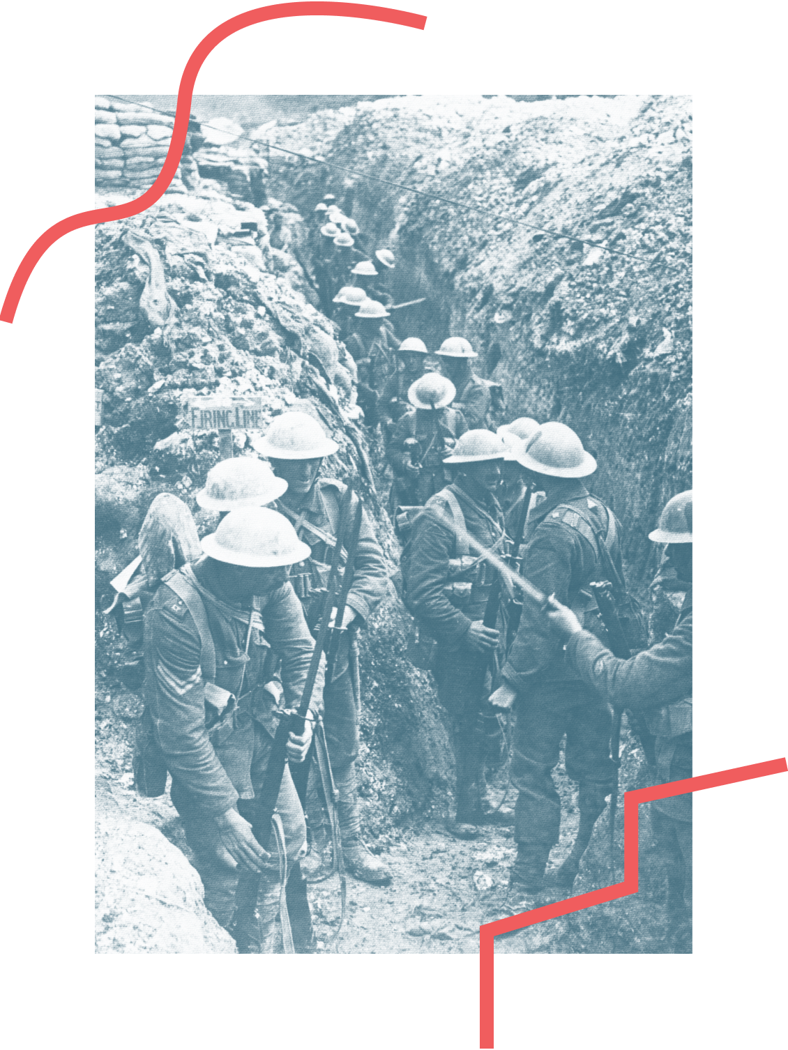 Black and white historical photo of soldiers in trenches during wartime, wearing helmets and carrying rifles.