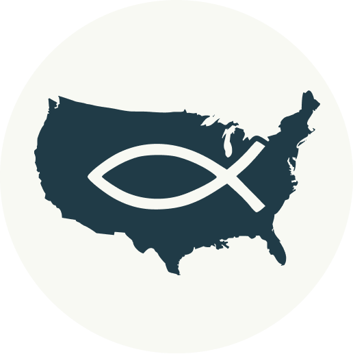 Map of the United States with a Christian fish symbol overlay.