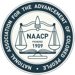 NAACP logo featuring scales of justice, with 'NAACP Founded 1909' displayed.