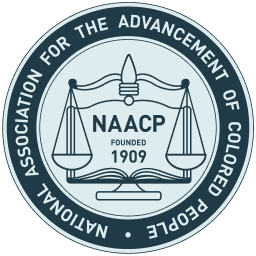 NAACP logo featuring a scales of justice symbol with text 'National Association for the Advancement of Colored People, Founded 1909'