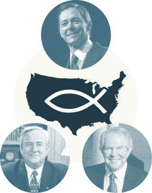 Collage of three men, a map of the United States with a fish symbol in the center, and a woman's portrait at the top.