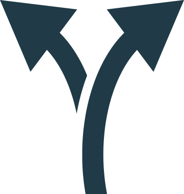 A black fork with three prongs and two arrows branching out from the middle prong, pointing upward and to the sides.