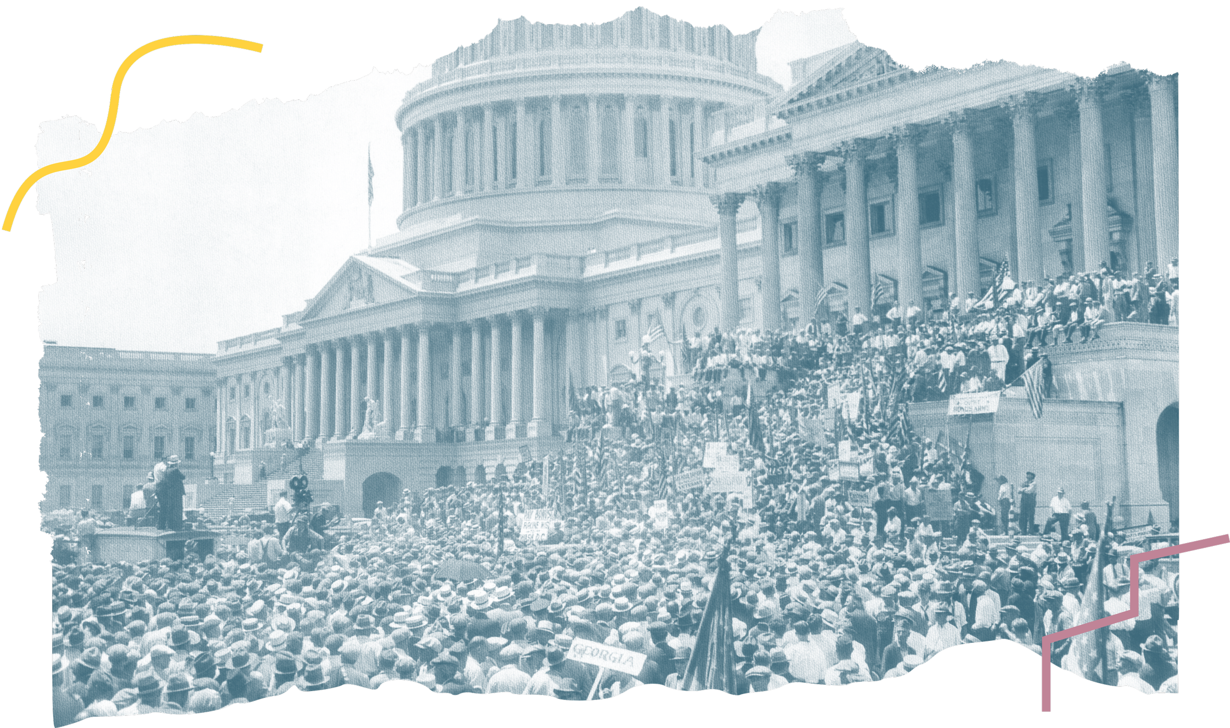 Historical black and white photograph of a large crowd of protesters gathered outside the Capitol building, with many holding signs and American flags.