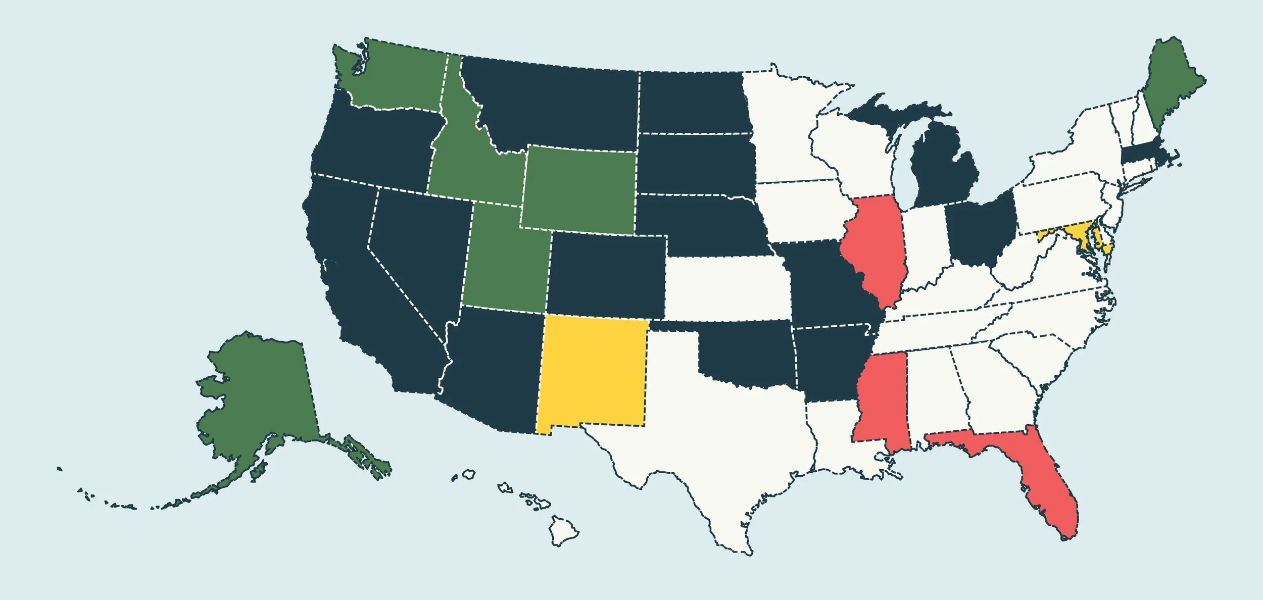A color-coded map of the United States with different states highlighted in various colors, such as red, yellow, green, and black, representing different categories or data.