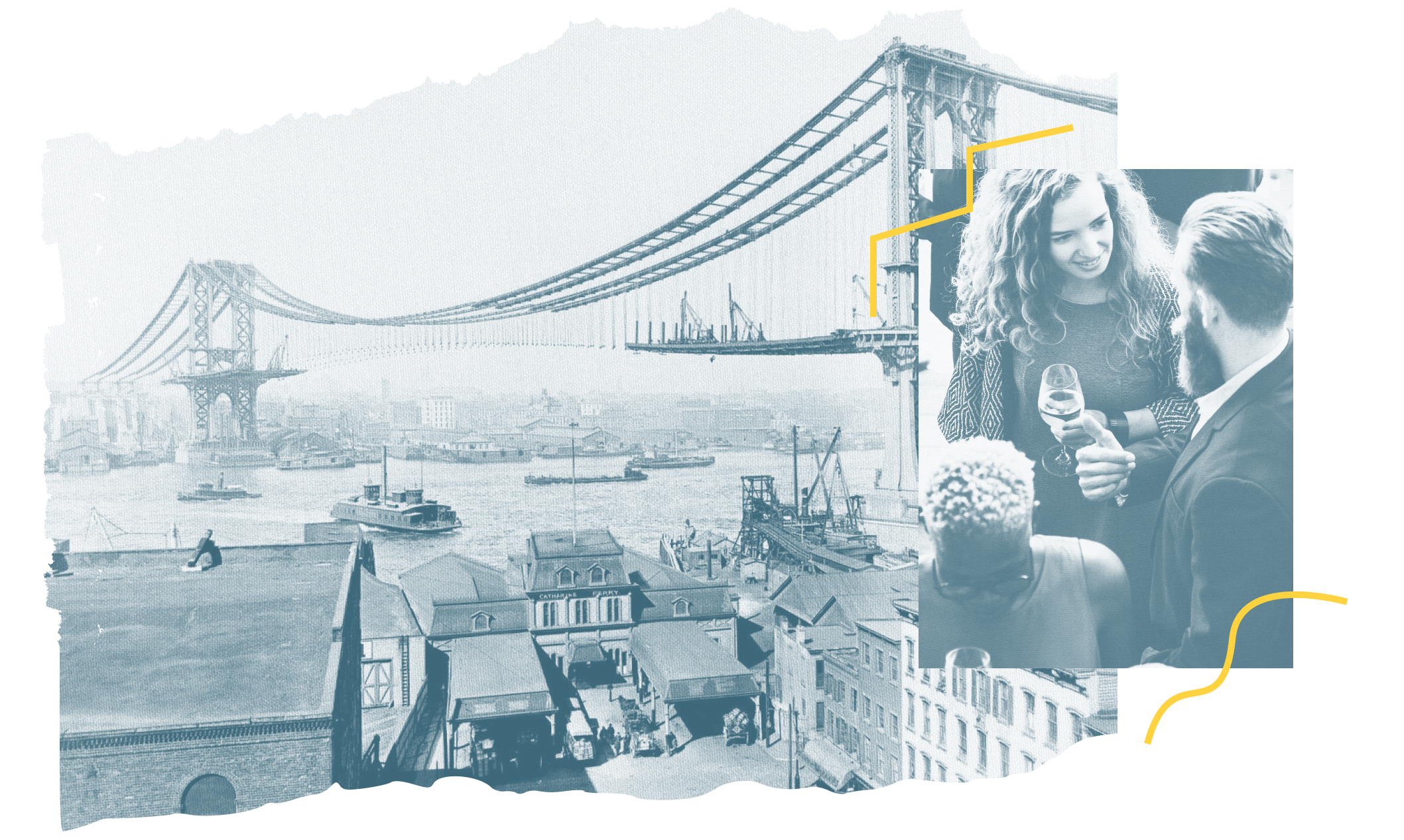 A black and white image of Brooklyn Bridge over the water, with boats and buildings in the background. Overlayed with a color-tinted photograph of a man and woman clinking glasses of wine, and a person with white hair in the foreground.