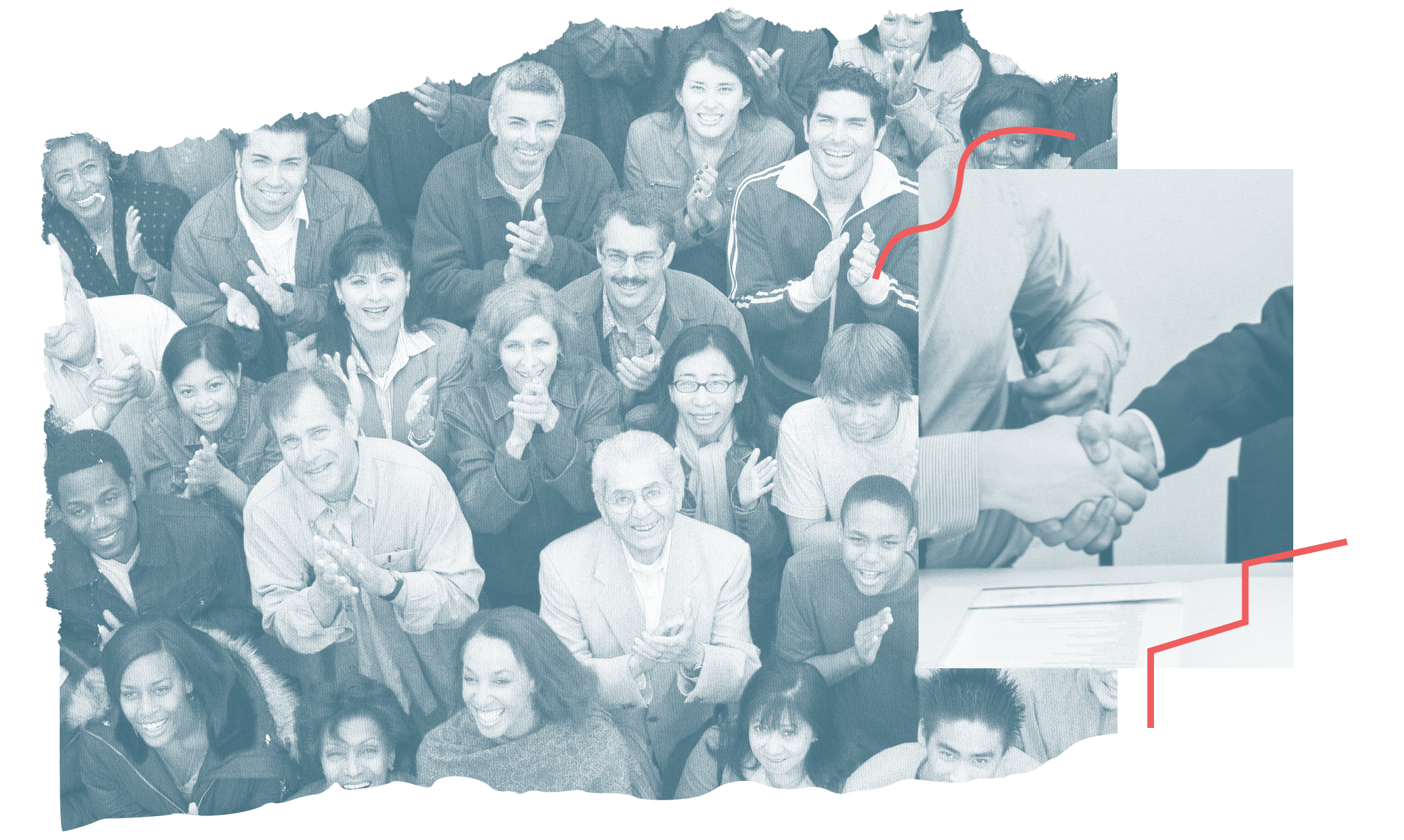 A diverse group of people smiling and clapping at a gathering, with a prominent handshake image overlaid on the right side.