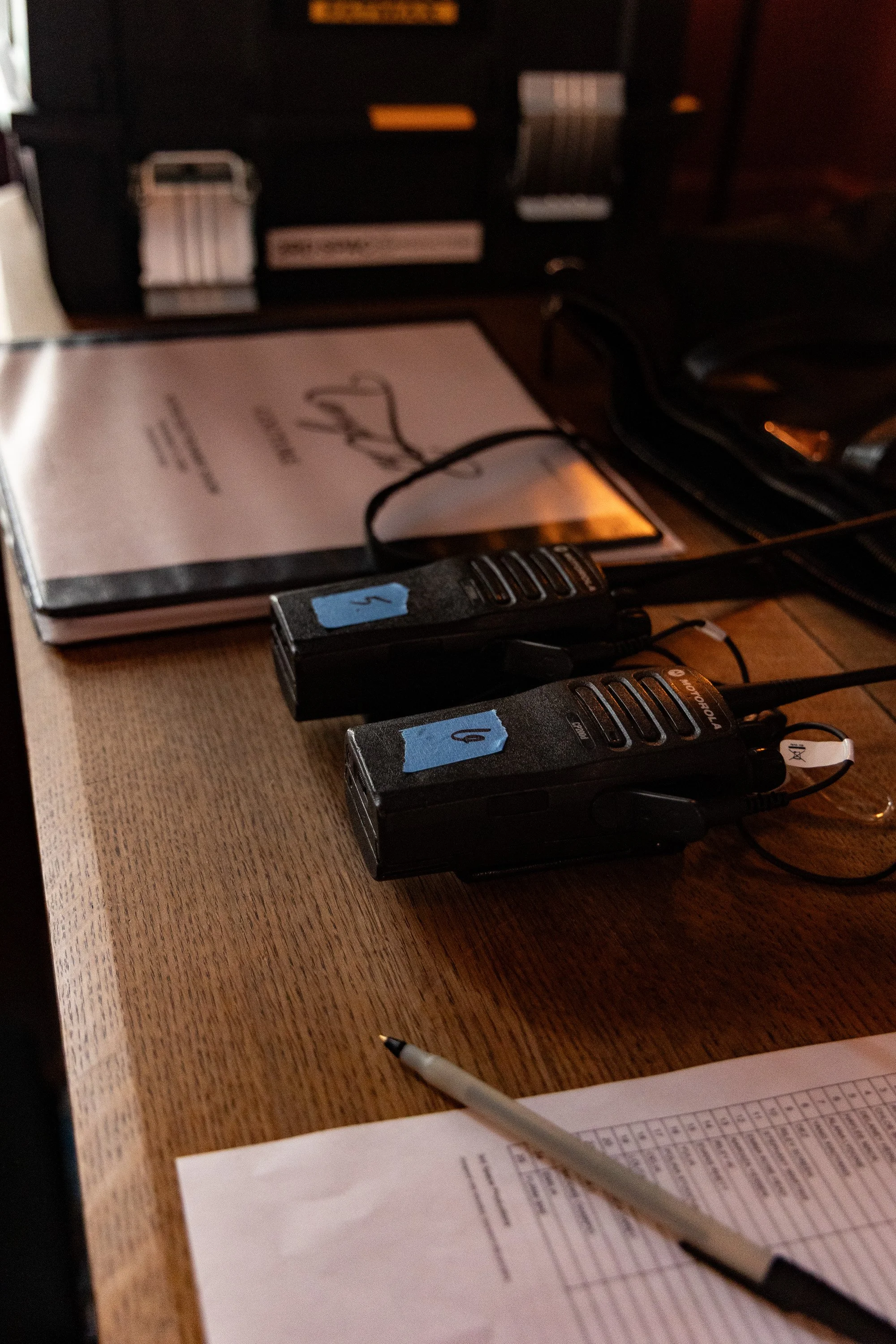 Production radios, run of show and show materials backstage at Tang Chi Couture’s NYFW SS27 runway show.