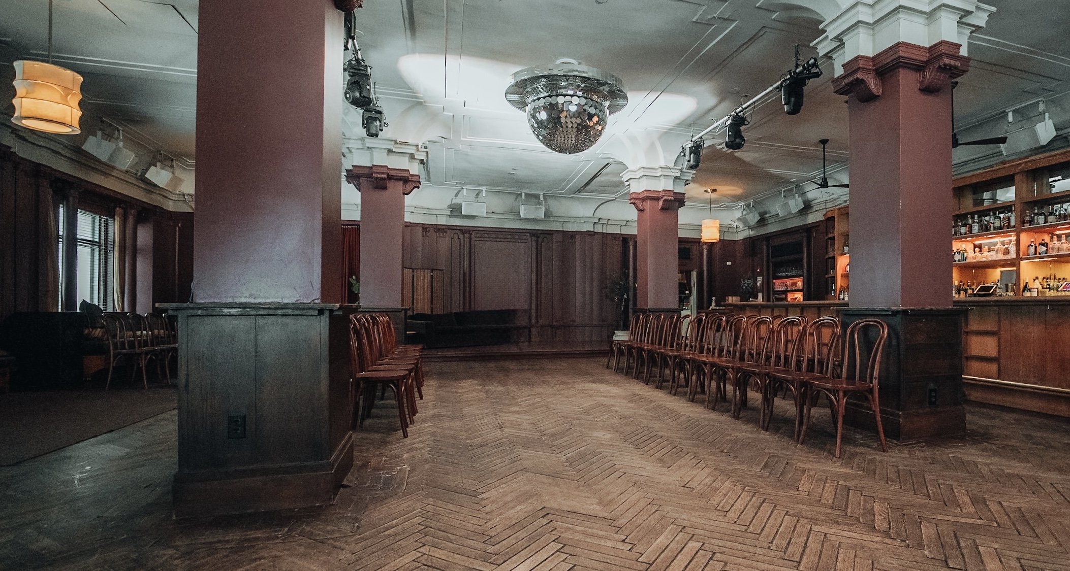 Structural columns and corridor layout within hospitality venue adapted for Jack Sivan NYFW FW26 runway presentation.