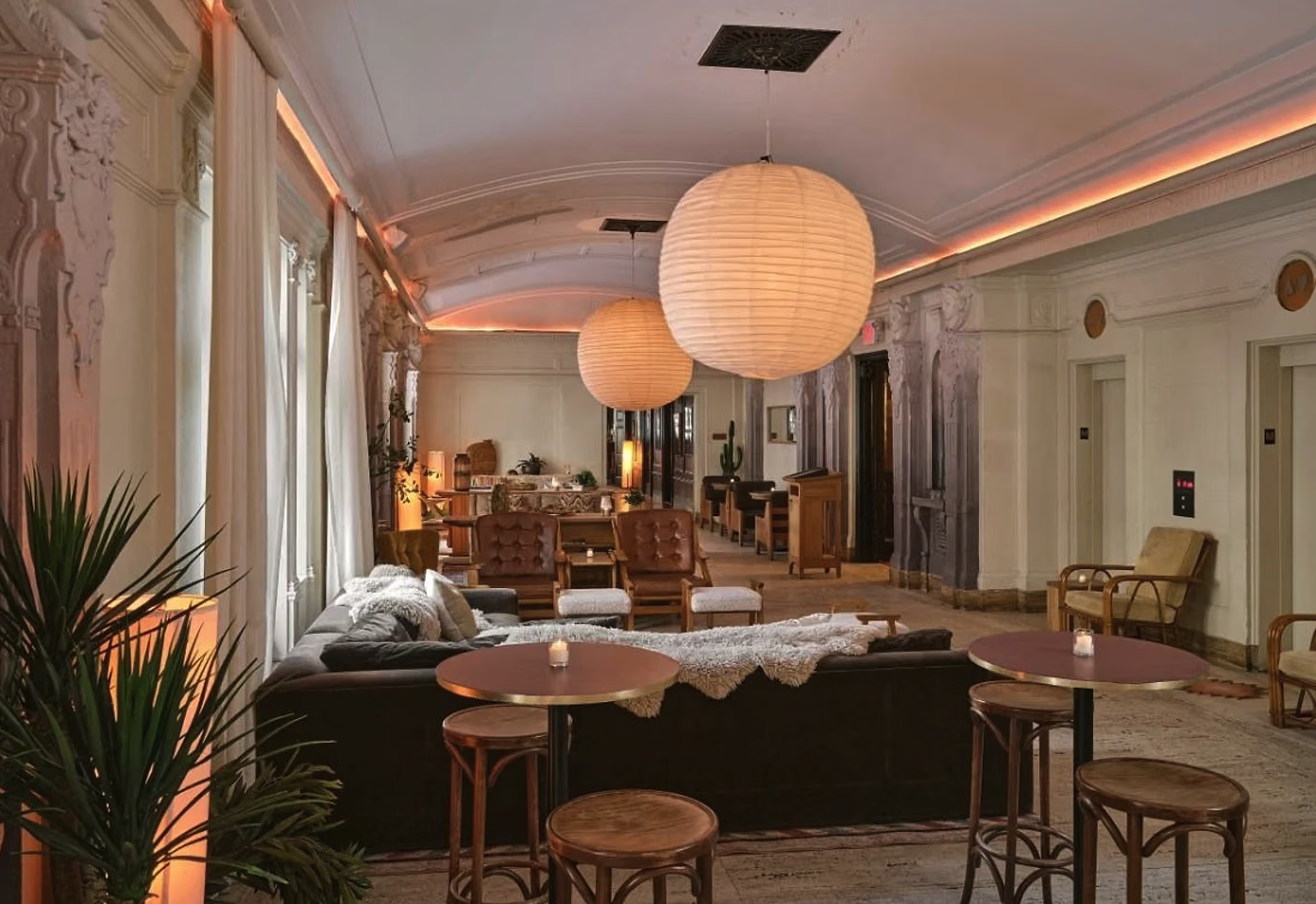 Original lounge configuration at Freehand New York before the Tang Chi Couture NYFW SS27 runway transformation.