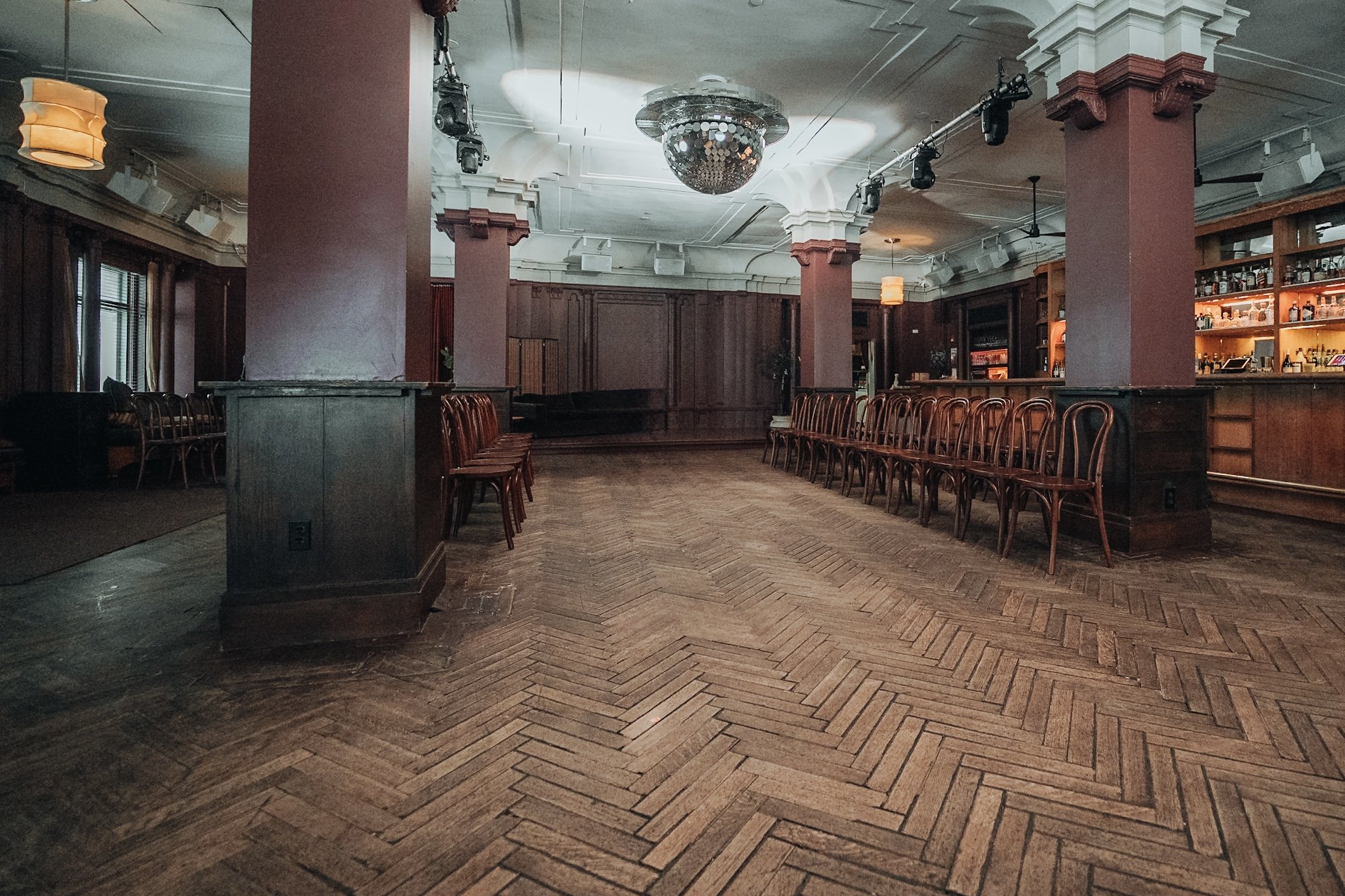 Structural columns and corridor layout within hospitality venue adapted for Jack Sivan NYFW FW26 runway presentation.