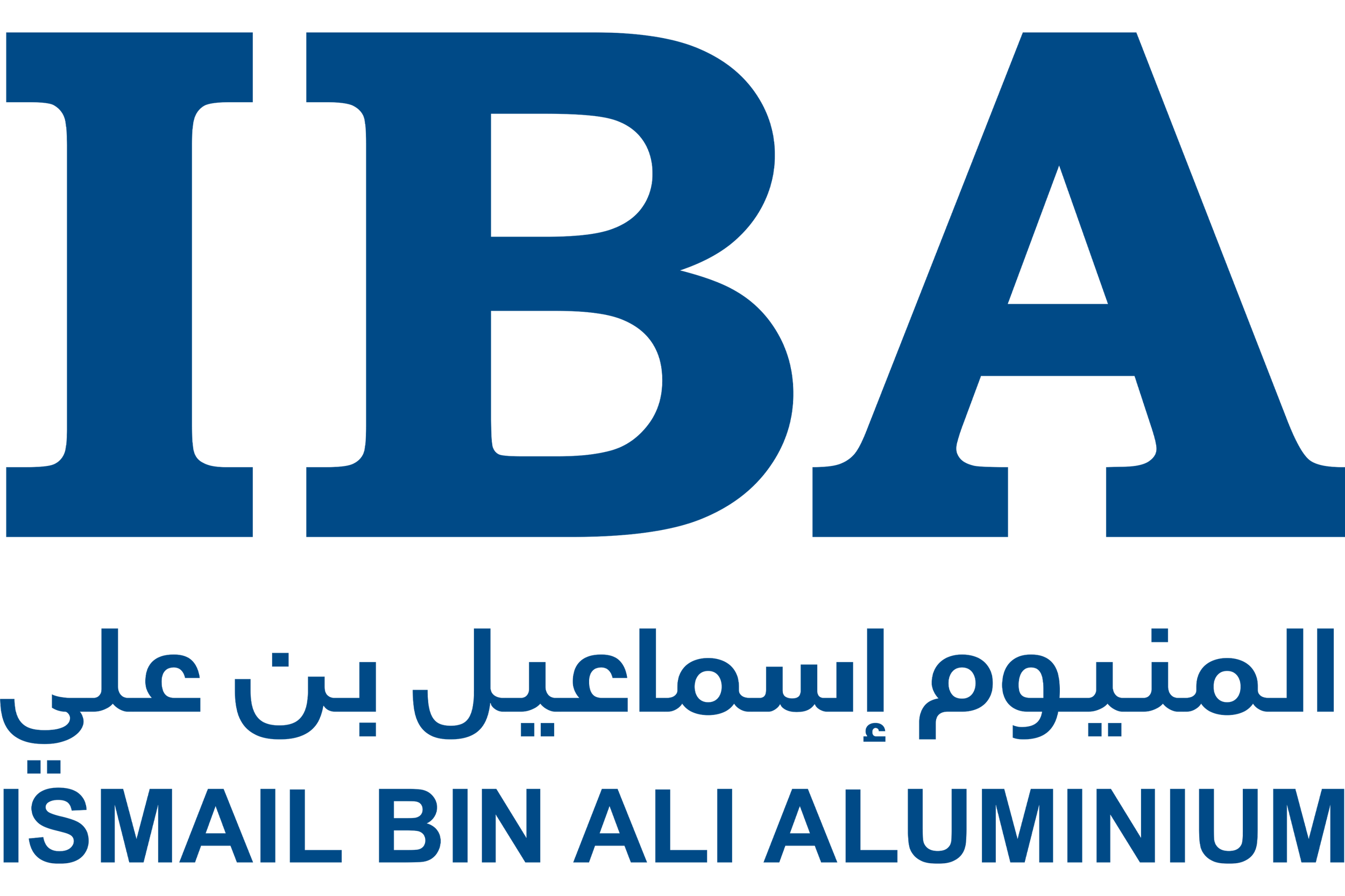 Logo of the International Aluminium Institute featuring large blue letters IBA, with Arabic and English text beneath.
