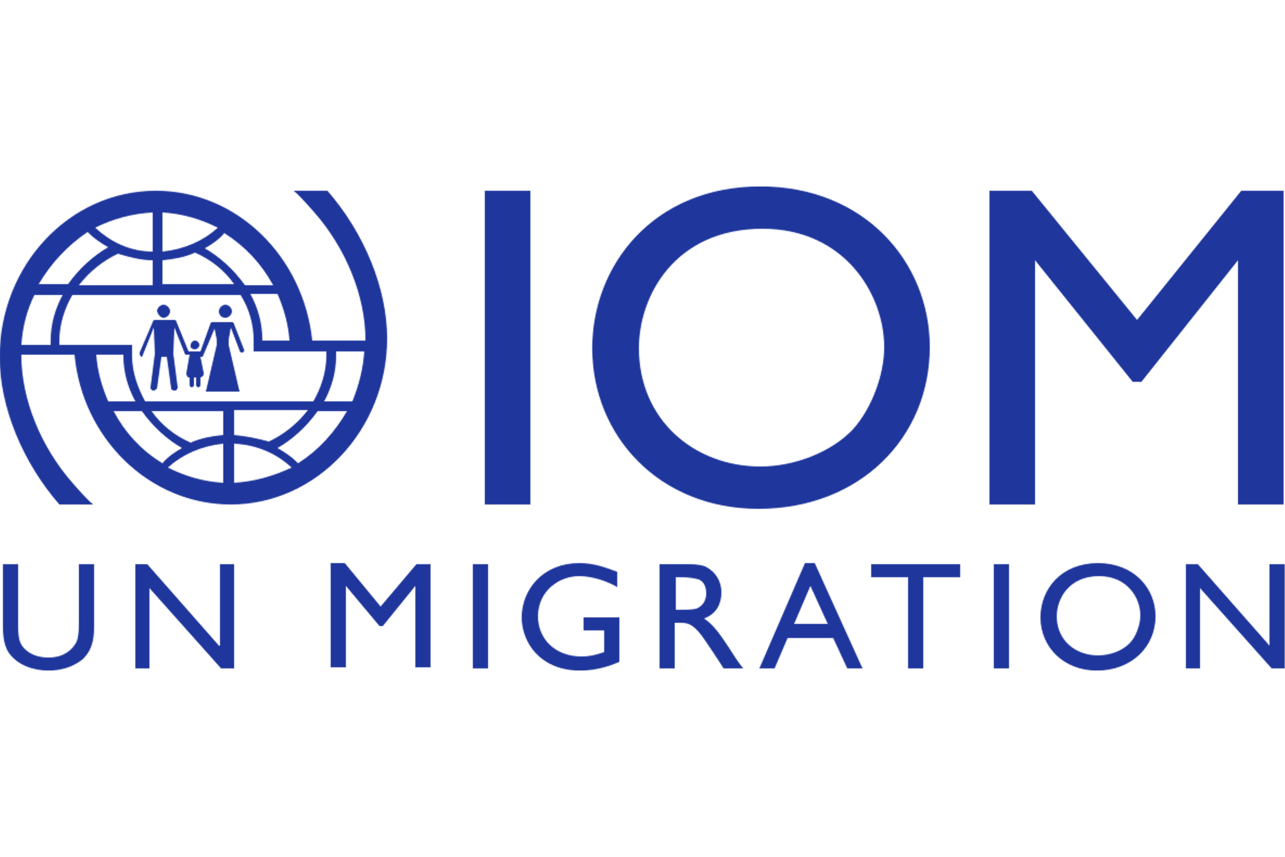Logo of IOM UN Migration with a globe and two people holding hands