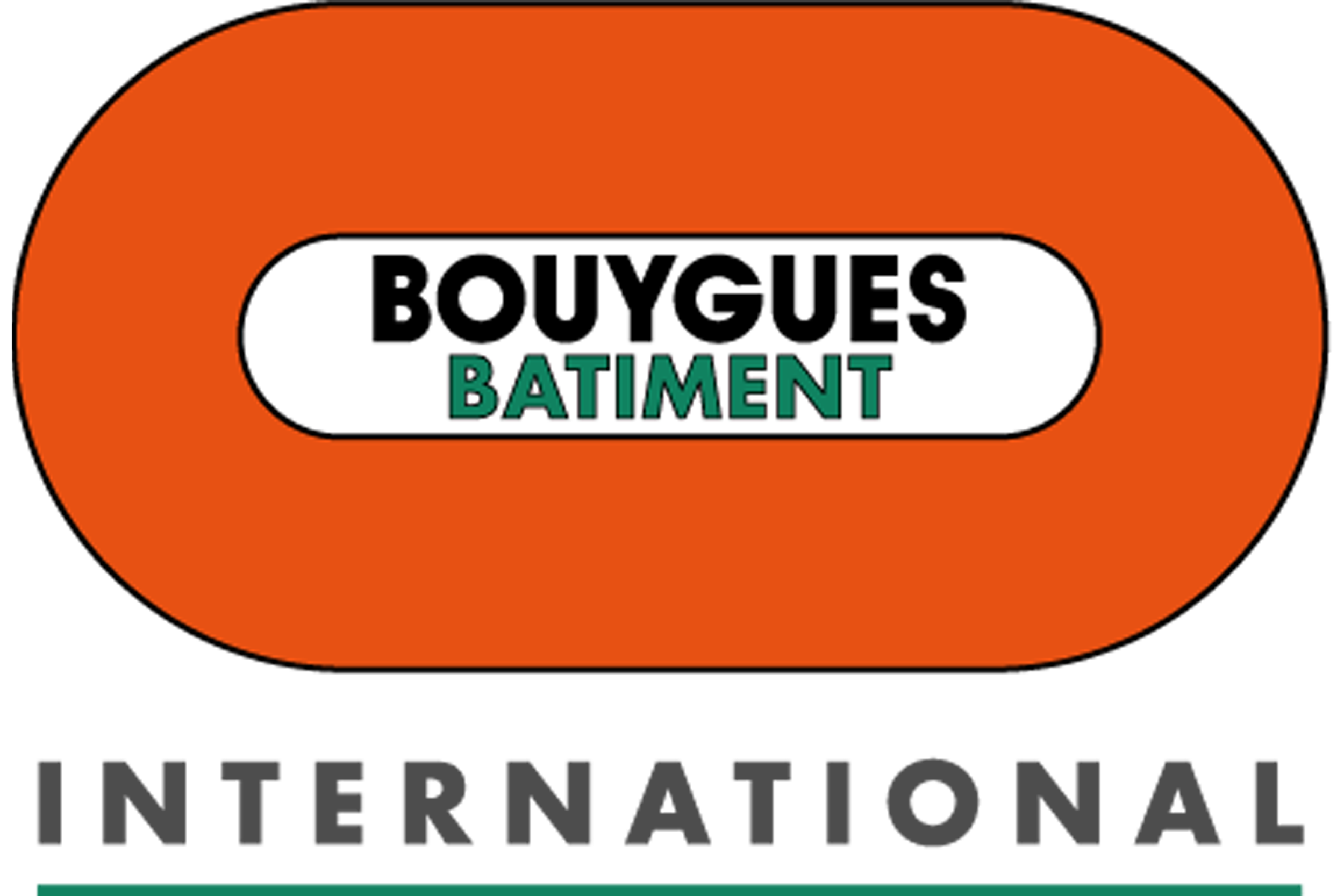 A road sign with an orange oval background, white oval center, and black and green text that reads 'Bouygues Bâtiment'.
