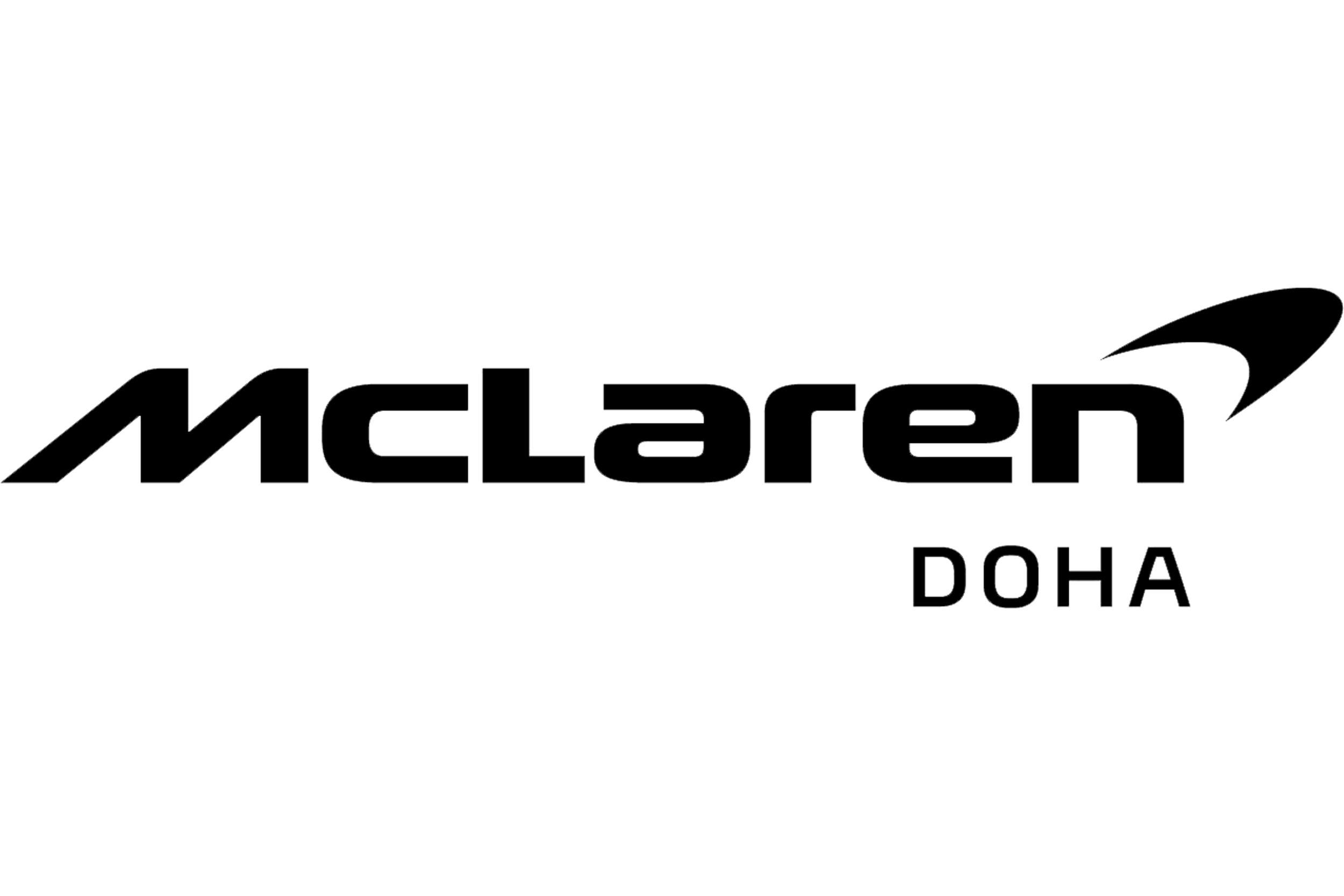 Black and white logo for McLaren Doha with stylized text and a swoosh design.