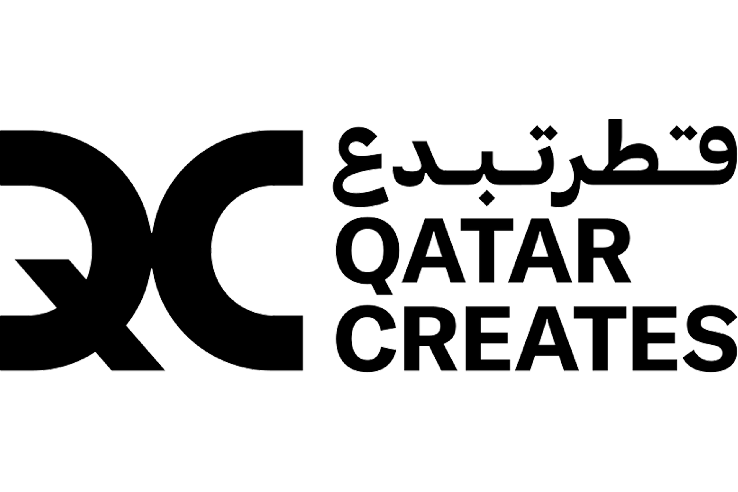 Qatar Creates logo in black and white, with the word "QATAR" in bold uppercase letters, and Arabic and English text above and below.