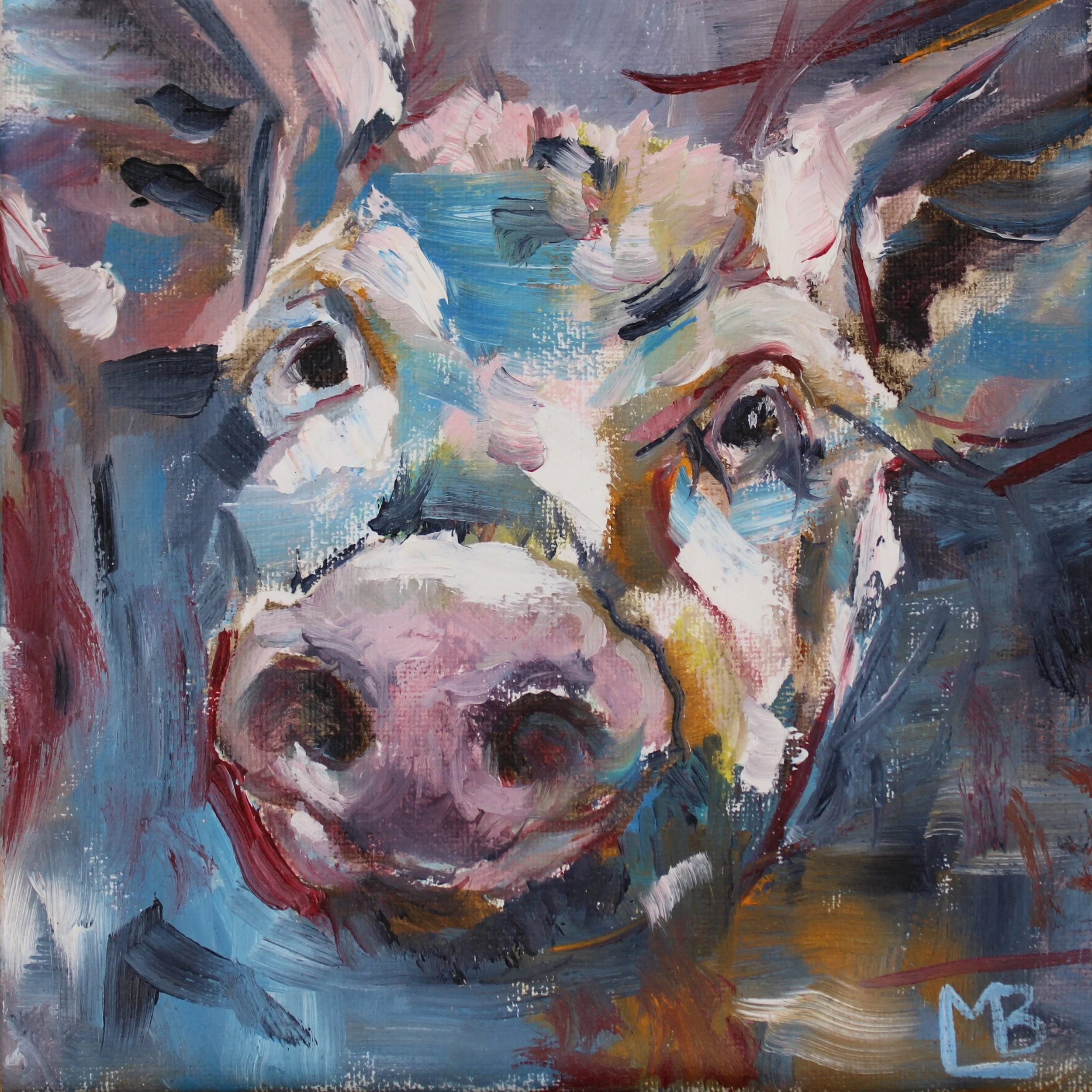 Abstract painting of a dog with expressive brushstrokes and vibrant colors.