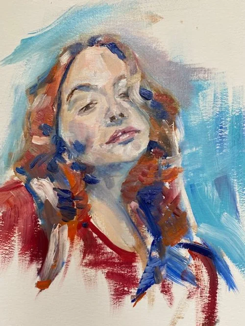 Painting of a woman with red hair, closed eyes, and a confident expression, wearing a red top, against a blue background.