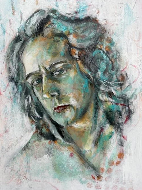 An abstract watercolor portrait of a woman with wavy hair, exhibiting a somber or contemplative expression.