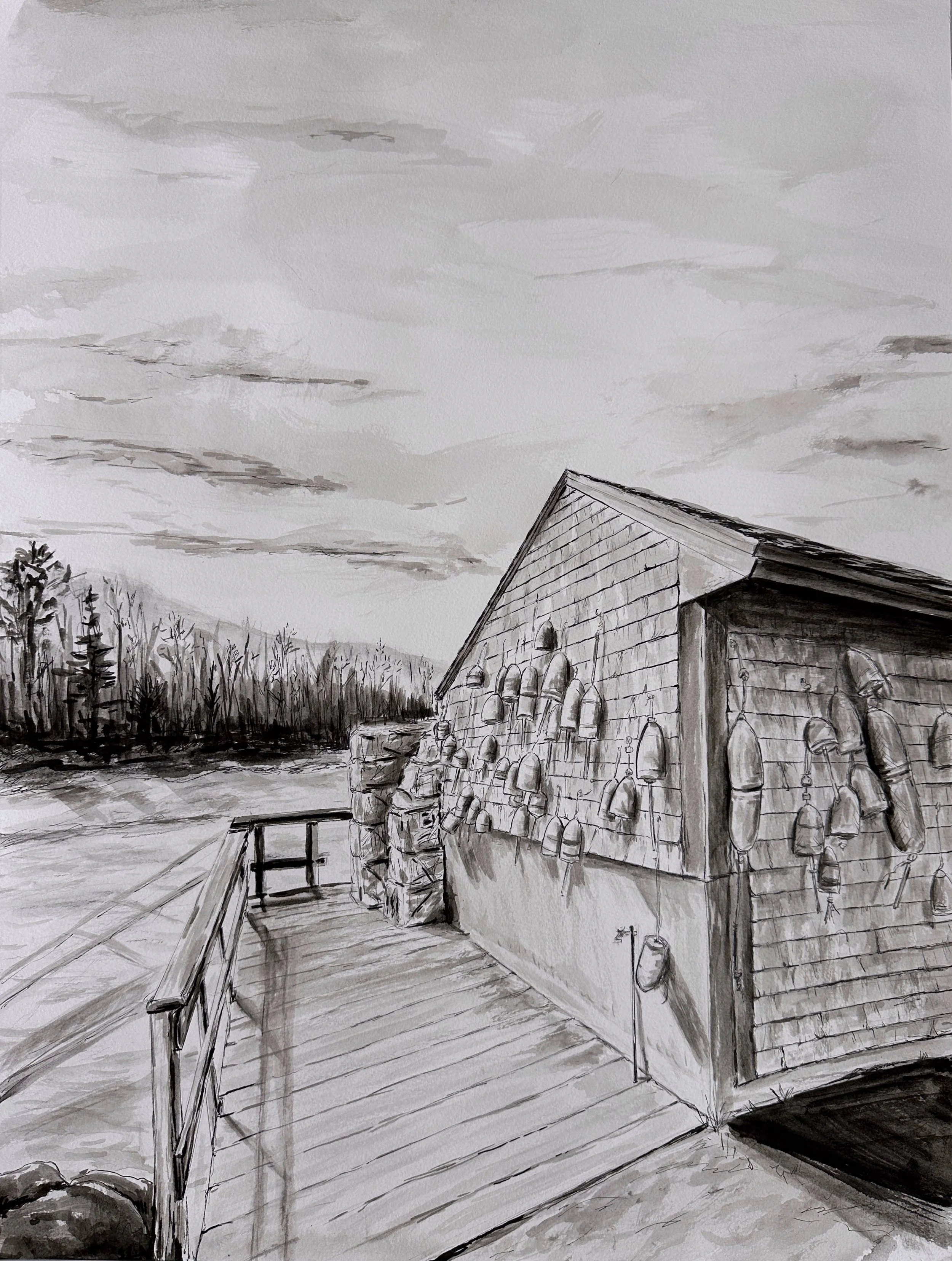 A grayscale illustration of a riverside scene with a wooden boardwalk and a building decorated with hanging fishing floats and nets, with trees and a cloudy sky in the background.
