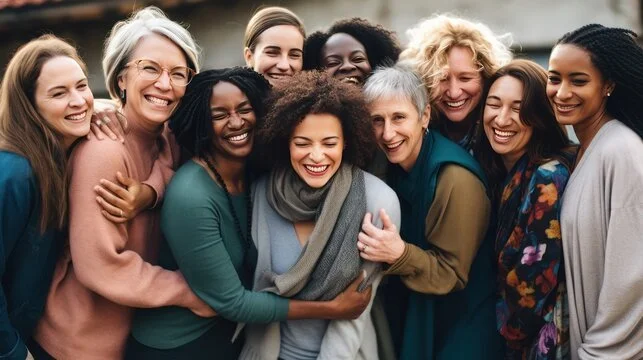 A diverse group of women smiling and hugging outdoors.