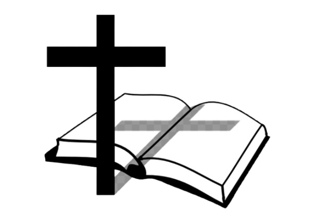 Open book with a cross in the foreground, set against a plain background.