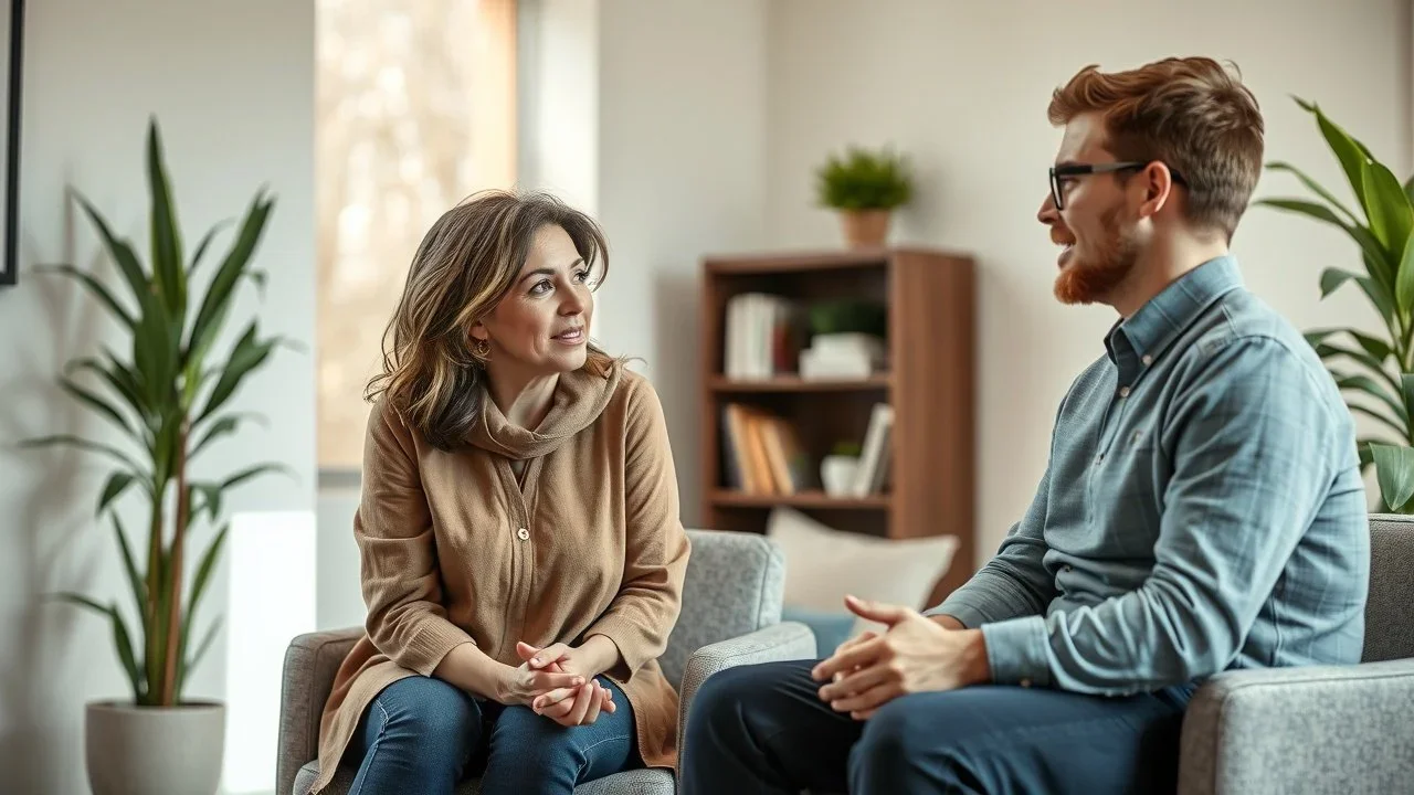 A woman and a man having a conversation in a cozy, well-lit room with plants and books in the background.