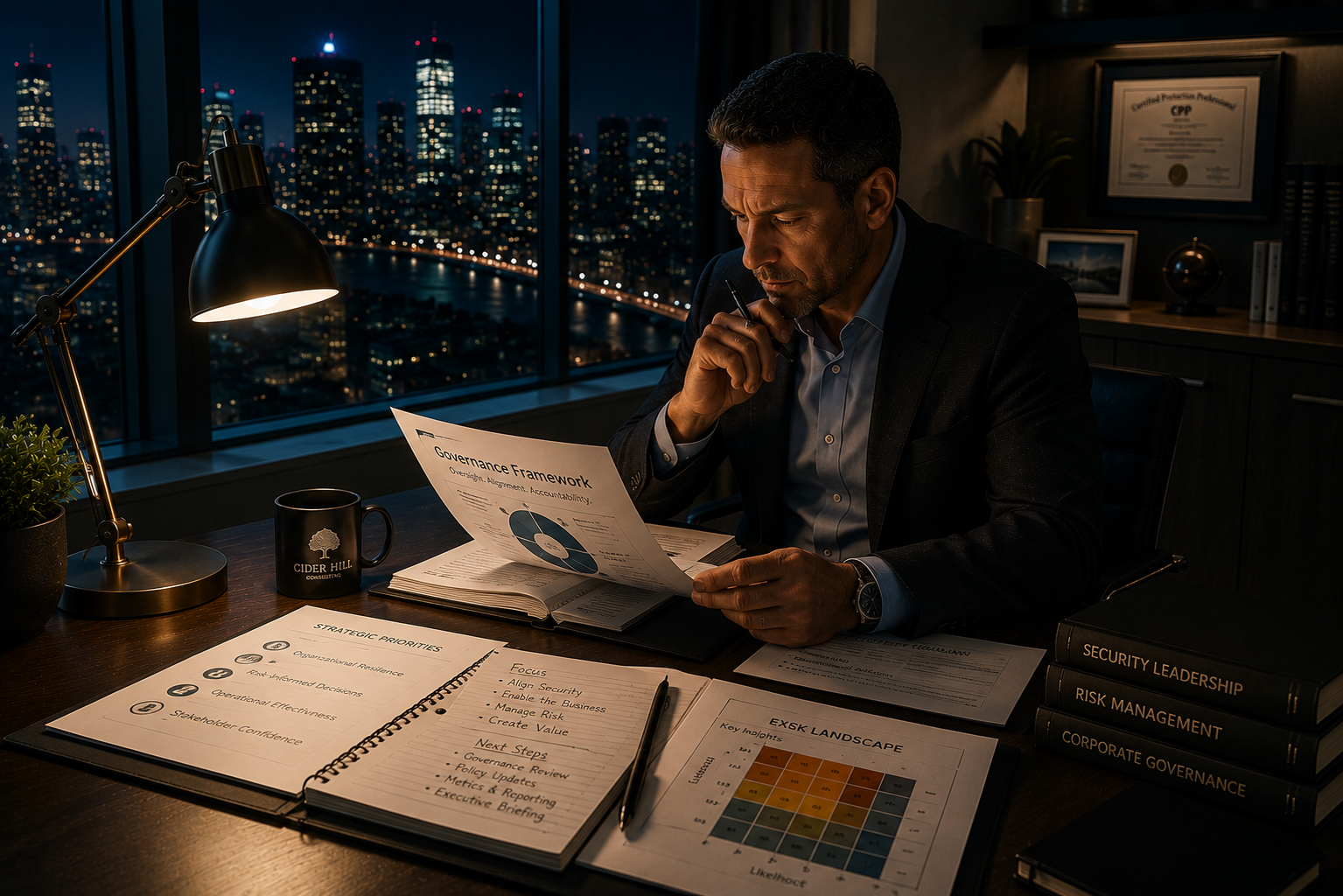 A man in a suit sitting at a desk reviewing a document titled 'Governance Framework' inside a high-rise office at night with a city skyline in the background.