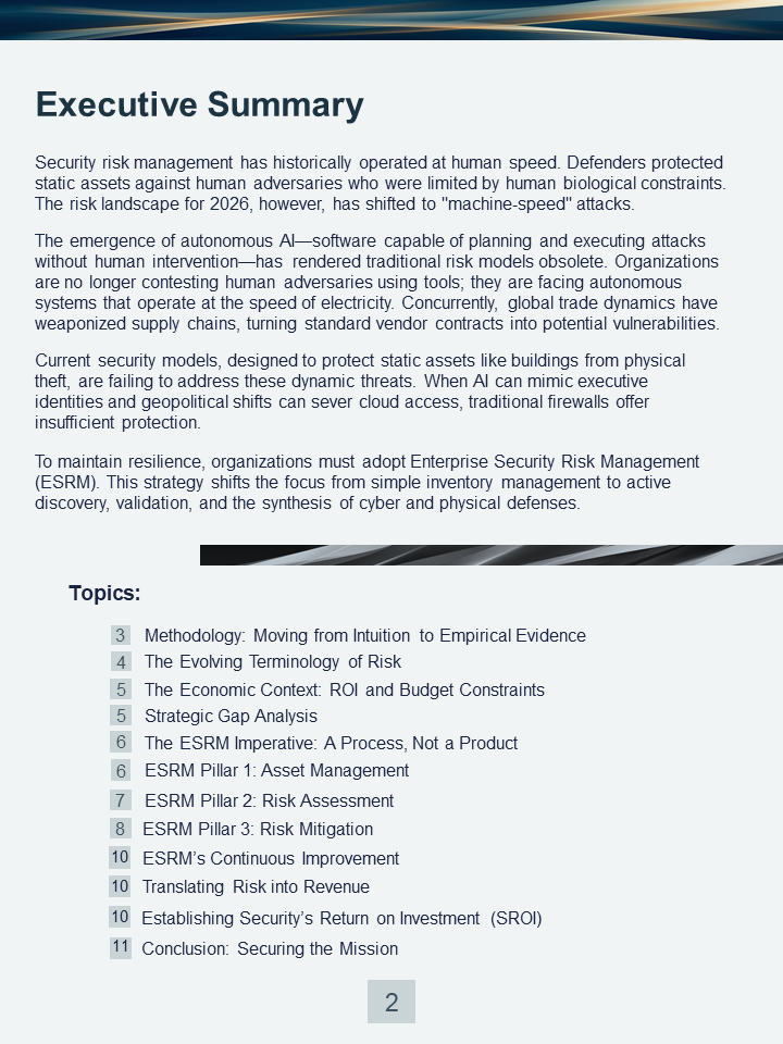 A screenshot of an Executive Summary document discussing security risk management, autonomous AI, and enterprise security strategies, with a list of topics at the bottom.