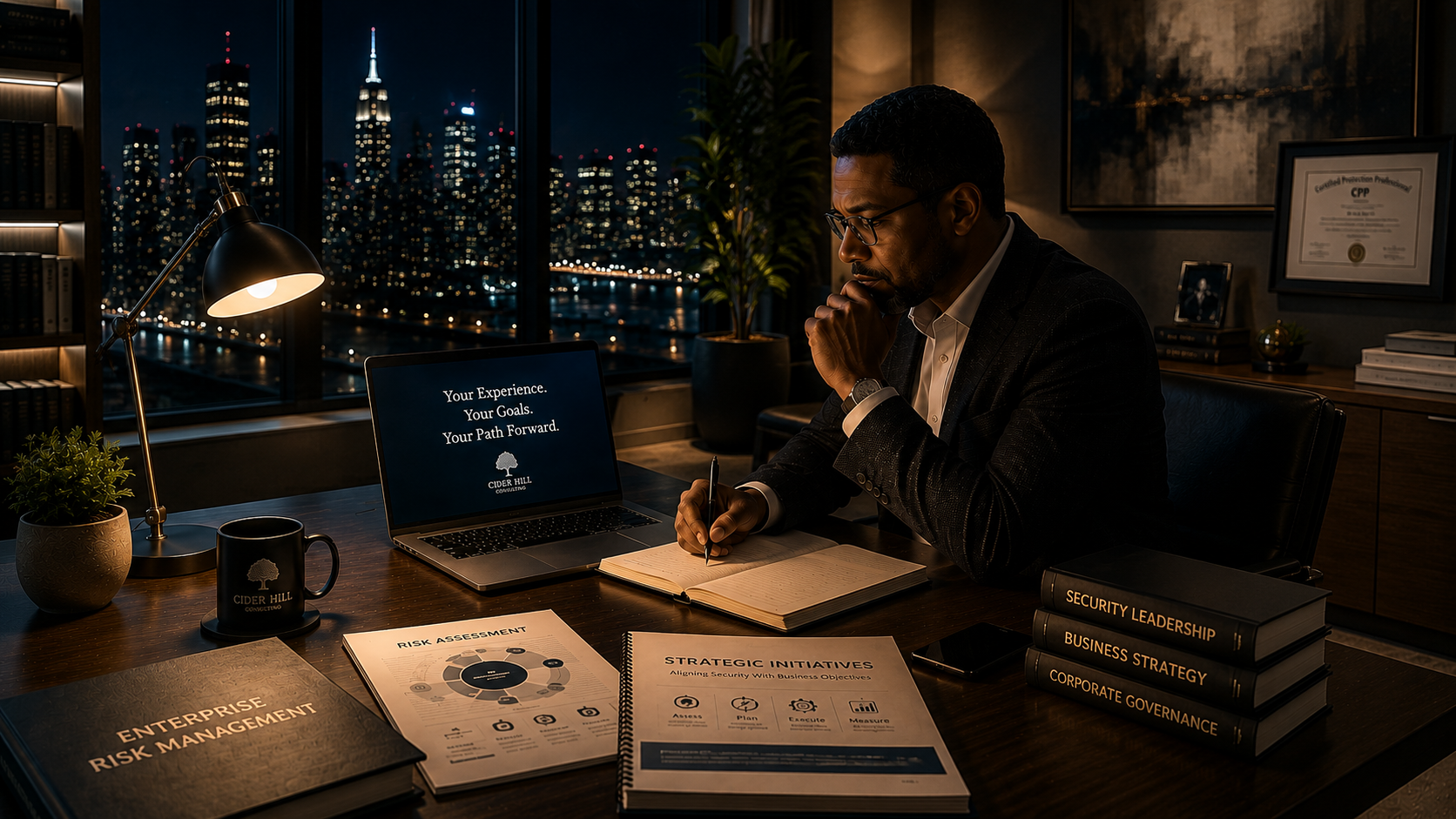 A man working at his desk in a modern office at night, with a city skyline and skyscrapers visible through large windows in the background. The desk has a laptop, a notebook, several books, a mug, a desk lamp, and some papers. The laptop screen displays the text: "Your Experience. Your Goals. Your Path Forward."