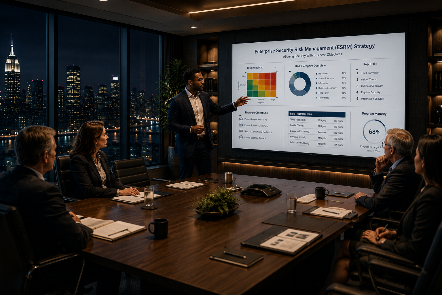 A business professional presents a security risk management strategy to a group of colleagues in a modern conference room with a city skyline at night visible through large windows.