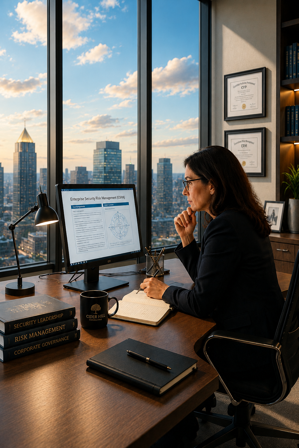 Woman working at her desk in an office with a city skyline visible through large windows, displaying a presentation on enterprise security risk management.