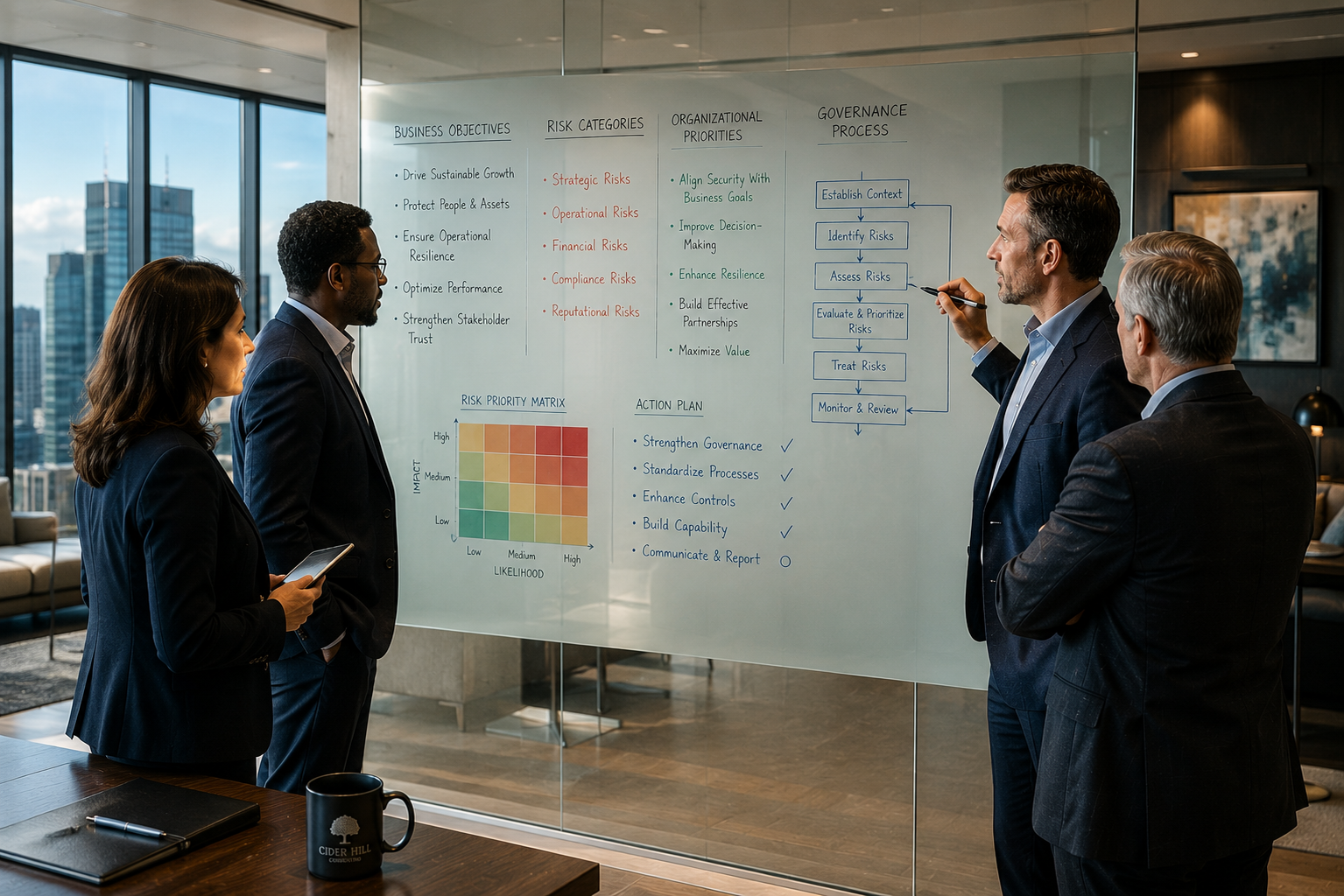 Business team discusses risk management strategy on a whiteboard in a modern office with city views.