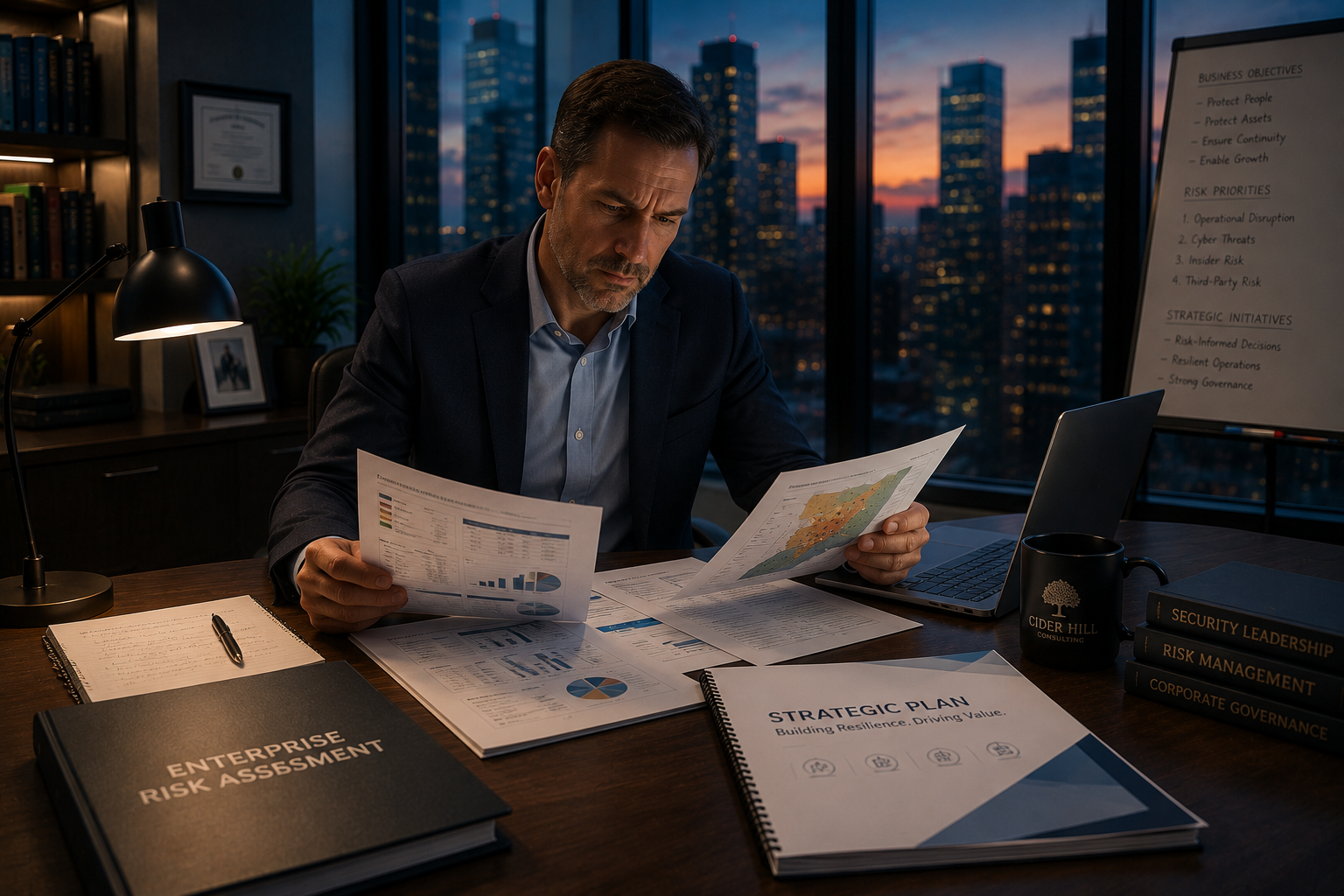Businessman reviewing documents at a desk in a modern office during sunset, with cityscape view through large windows.