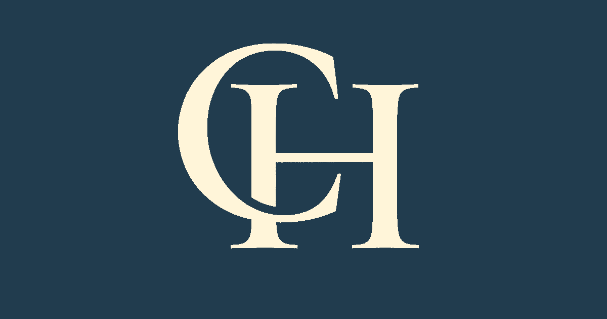 Logo with overlapping letters 'C' and 'H' in cream color on a navy blue background